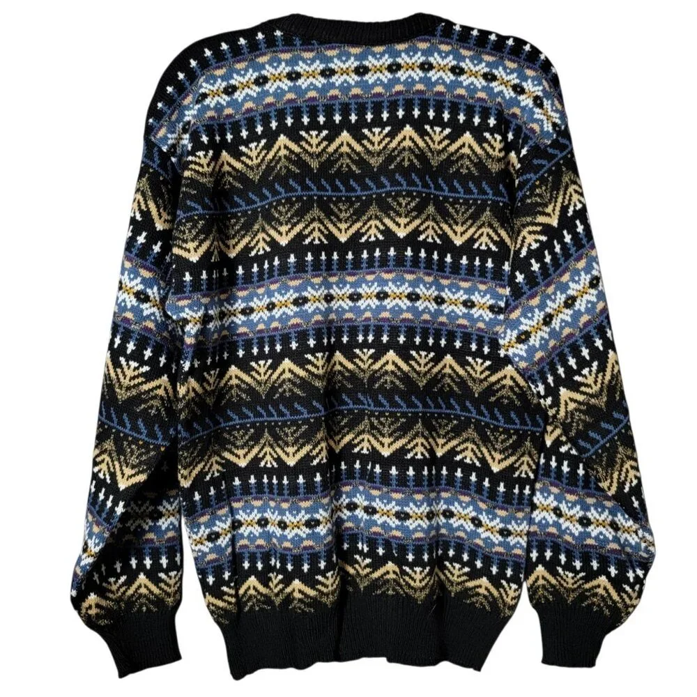 VTG Atlas Mens Blue Geometric Nordic Fair Isle Knit Crewneck Pullover Sweater XL